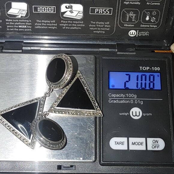 Vintage Sterling Silver Black Onyx Triangle Drop Earrings Round Studs Marcasite - Picture 5 of 12